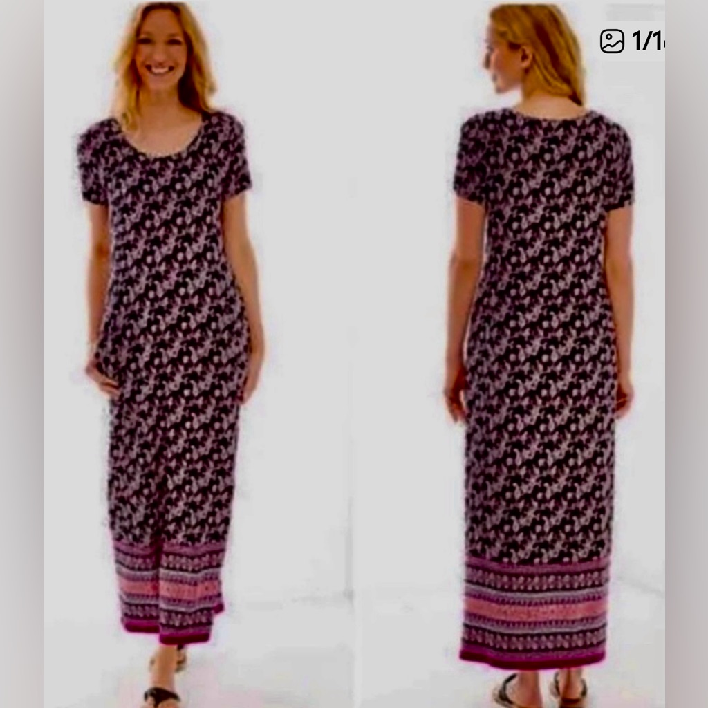 * J Jill Boho Paisley Floral Print Short Sleeve Maxi Dress Sz Medium *
